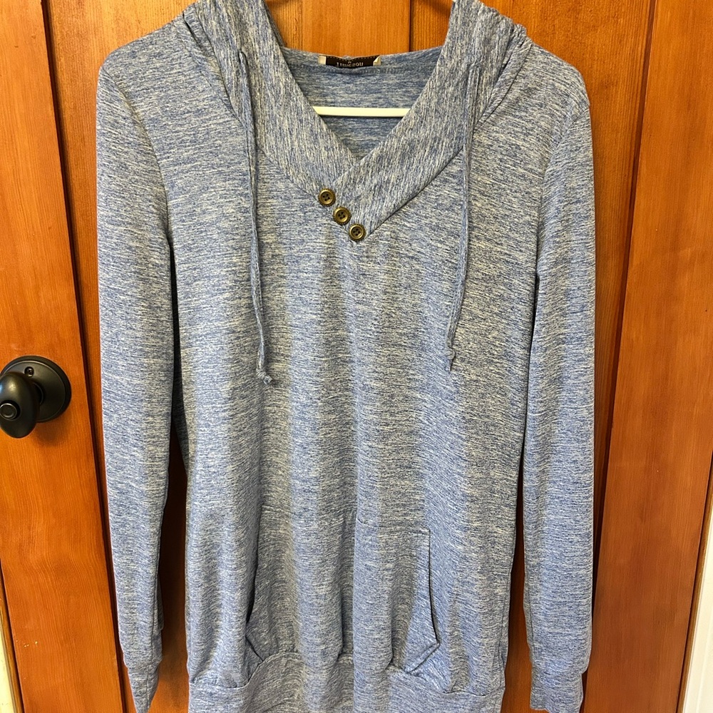 Heathered Blue V-Neck Hoodie with Button Detail